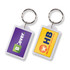 A rectangle lens key ring featuring a silver keychain, displaying two logos in purple and yellow backgrounds.