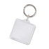 A square key ring with a clear placeholder for customization and a metal ring attachment.
