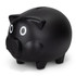 A black piggy bank featuring a classic pig design with white eyes and a coin slot on top.