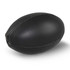 A black mini rugby ball featuring a smooth leather texture and stitched detailing.