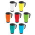 A drink bottle collection features seven travel mugs in white, yellow, orange, red, green, teal, and blue, each with a black lid and handle.