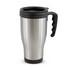 A stainless steel travel mug with a black lid and handle, featuring a curved design and a logo.