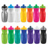 A drink bottle collection featuring various colours: silver, white, yellow, orange, pink, green, blue, purple, and black. Each has a lid.