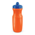 A drink bottle in vibrant orange with a blue lid, featuring a textured grip and a sports-style nozzle.