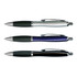 A collection of three metal pens in silver, blue, and black, each with a textured grip and chrome accents.
