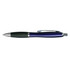 A metal pen with a sleek purple and silver design, featuring a comfortable grip and a clip for easy attachment.