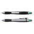 A silver Duo Pen with a highlighter, featuring a black grip and clip. The highlighter tip is visible on one end.