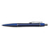 A blue metal pen with a sleek design and silver accents. The pen features a clip for easy carrying and a glossy finish.