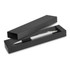 A sleek black wedge gift box containing a silver pen with a black grip. The box is open, showcasing the pen inside.