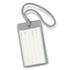 A grey luggage tag with a textured finish and a braided attachment strap. It has a blank area for personal details.