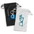 Two drawstring pouches in black and white, featuring logos related to eyewear.