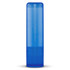 A blue lip balm container with a twist-up base and a clear lid, featuring a logo on the front.