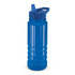 A drink bottle in a vibrant blue hue with a matching lid and a flip-top spout, featuring a logo.