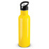 A drink bottle in a vibrant yellow color with a black lid and spout design.