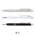 A set of three metal pens in grey, white, and black, each featuring a silver clip and accents.