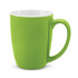 A green coffee mug with a glossy finish and a contrasting white interior. It features a sturdy handle and a sleek design.