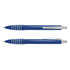 A blue plastic pen featuring a sleek design and chrome accents, with a branding logo on its body.