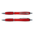 A red translucent plastic pen with chrome accents, featuring a clip and a ballpoint tip.