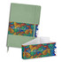 A green notebook with a colourful patterned band features the word "weekend" and includes an open envelope.