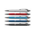 A set of five metal pens in silver, red, blue, and black, featuring a textured design and a logo.