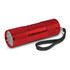 A compact red torch with a textured body and a wrist strap, featuring multiple LED lights at the front.