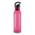 A drink bottle in a translucent pink color with a black flip-top lid.
