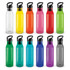 A drink bottle collection featuring translucent designs in clear, yellow, orange, pink, red, green, blue, purple, and grey, with black caps.