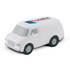 A stress toy in the shape of a van, featuring a logo on the roof. The van is primarily white with black wheels.