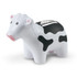A stress relief toy in the shape of a cow, featuring a black and white design with a smiling expression.