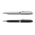 A collection of two metal pens, one in a silver finish and the other in a sleek black design, featuring chrome accents.