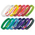 A collection of silicone wristbands in various colours, each featuring distinct logos or branding.