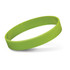 A green silicone wristband featuring a smooth surface and a subtle shine, with a logo visible on the side.