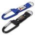 Two carabiner key rings in blue and black, featuring attachment loops and logos on fabric bands.