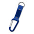 A blue carabiner key ring with a textured strap and a metal keyring attachment. It features a logo.
