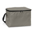 A grey cooler bag with a zip closure and a side handle, featuring a front pocket and a simple design.