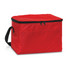A red cooler bag with a zip closure and a black handle, featuring a front pocket and a logo.