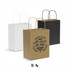 Medium paper carry bags in brown, white, and black, featuring handles and a logo on the brown bag.