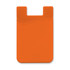 An orange silicone phone wallet with a curved top and a recessed area for cards. It features a branding logo.
