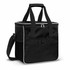 A black insulated cooler bag featuring two handles, a shoulder strap, and a zippered top. It has a mesh side pocket.