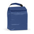 A blue lunch cooler bag with a handle and a square shape, featuring a top flap closure and a logo.