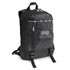A black backpack with a textured design and a logo, featuring a zippered front pocket and padded straps.