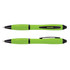A green stylus pen with black accents, featuring a click mechanism and a comfortable grip.