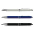 A set of three stylus pens in silver, blue, and black, each featuring a metallic finish and a clip.