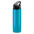 A drink bottle in vibrant turquoise with a black flip cap and a handle, featuring a logo.