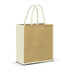 A jute tote bag in natural brown with cream handles, featuring a simple, unbranded design.