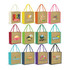 A variety of jute tote bags in different colours featuring various logos and designs.