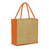 Jute tote bag in natural and orange, featuring sturdy handles and a logo. Ideal for eco-friendly shopping.