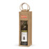 A drink bottle is displayed in a jute wine carrier with a clear window and rope handles. The carrier features branding.
