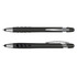 A black and silver stylus pen with a smooth finish and a clip, featuring a logo on its side.