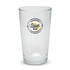 A clear glass tumbler with a circular logo featuring the text "Love eat" in black and yellow.